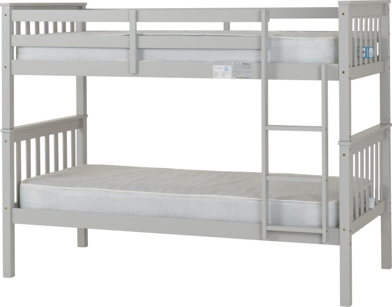 Erin grey wooden bunk bed with white mattresses on a white background