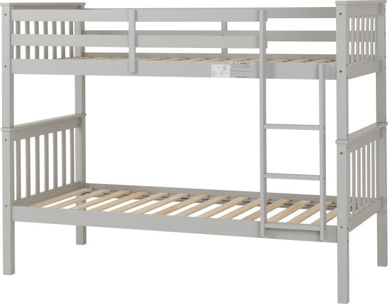 Erin grey wooden bunk bed with slatted design on a white background