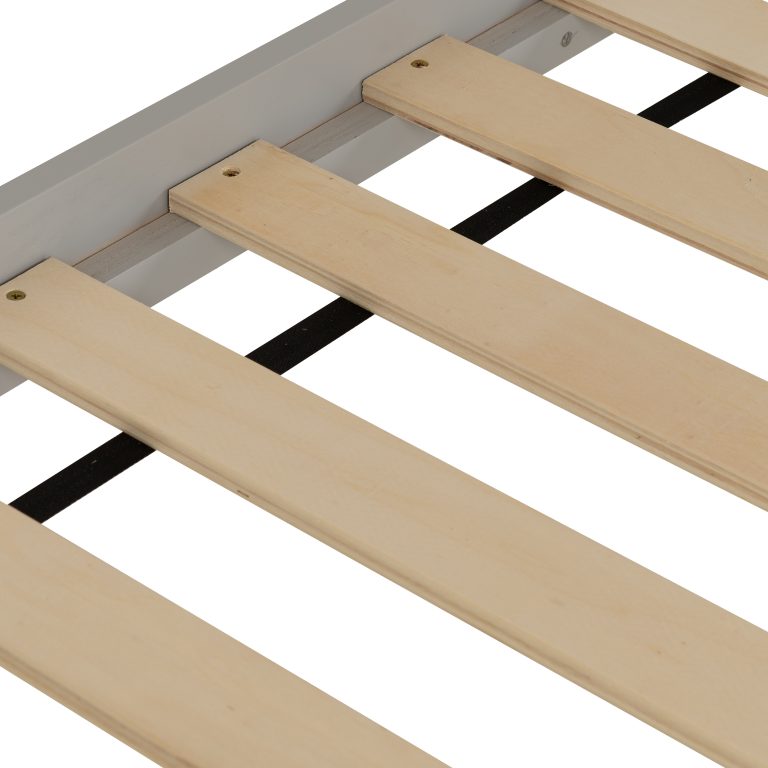 Wooden slats on a bed frame with a white background