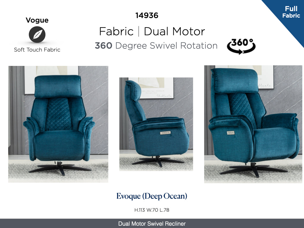 Evoque Swivel Electric Dual Motor Armchair - Ocean Blue