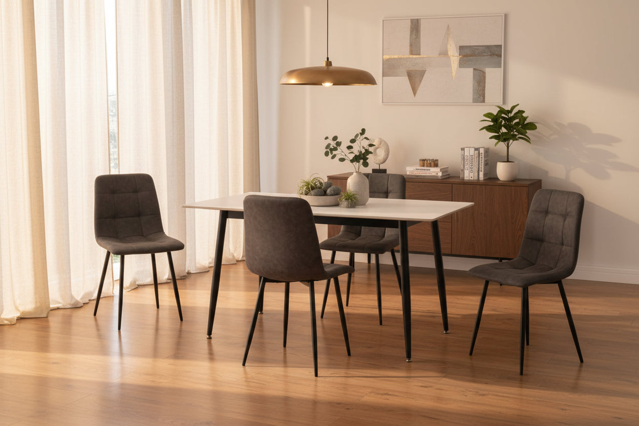 Fenton Dining Set With 4 Chairs- White Marble Stone Effect Table & Dark Grey Suede Fabric Chairs