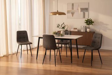 Fenton Dining Set With 4 Chairs- White Marble Stone Effect Table & Dark Grey Suede Fabric Chairs