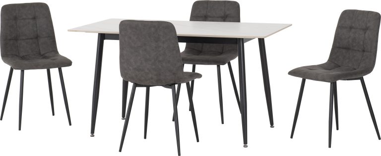 Fenton Dining Set With 4 Chairs- White Marble Stone Effect Table & Dark Grey Suede Fabric Chairs
