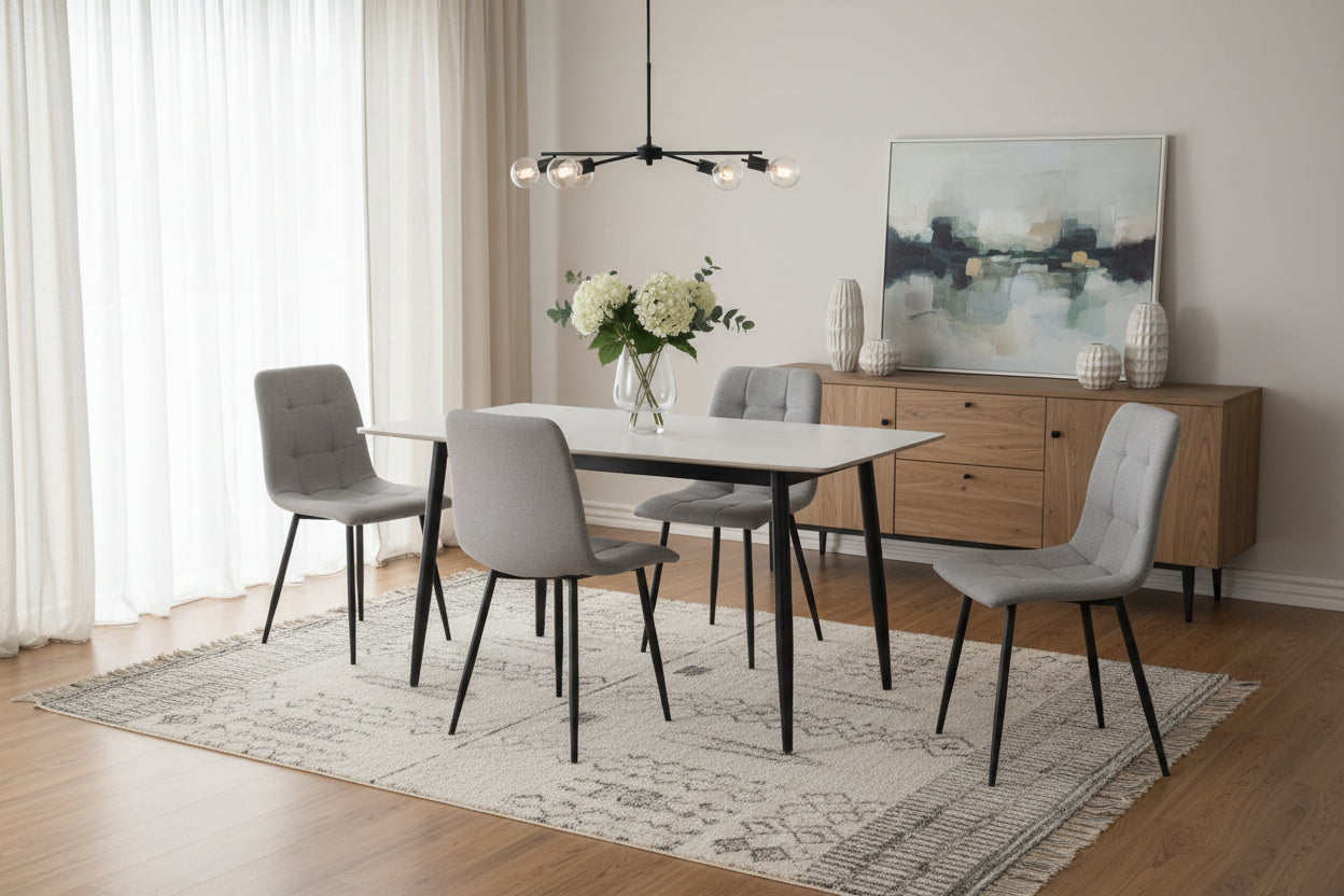 Fenton Dining Set With 4 Chairs- White Marble Stone Effect Table & Light Grey Fabric Chairs