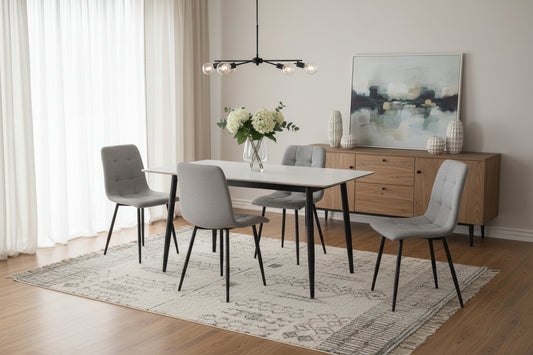 Fenton Dining Set With 4 Chairs- White Marble Stone Effect Table & Light Grey Fabric Chairs