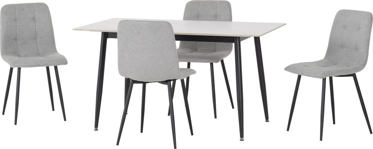 Fenton Dining Set With 4 Chairs- White Marble Stone Effect Table & Light Grey Fabric Chairs