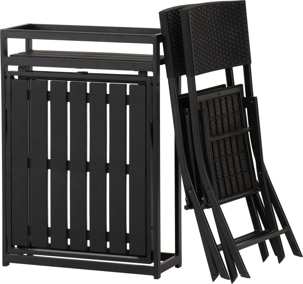 Black outdoor furniture set with a table and chairs on a white background