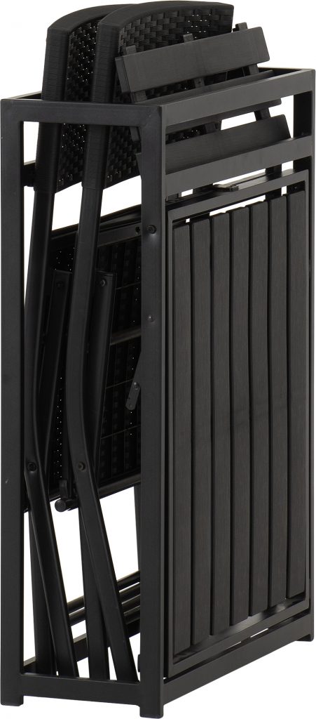 Stack of black metal folding chairs on a white background