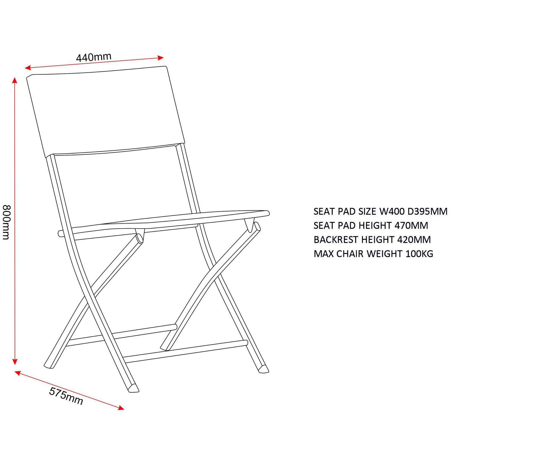 Line drawing of a folding chair with dimensions on a white background