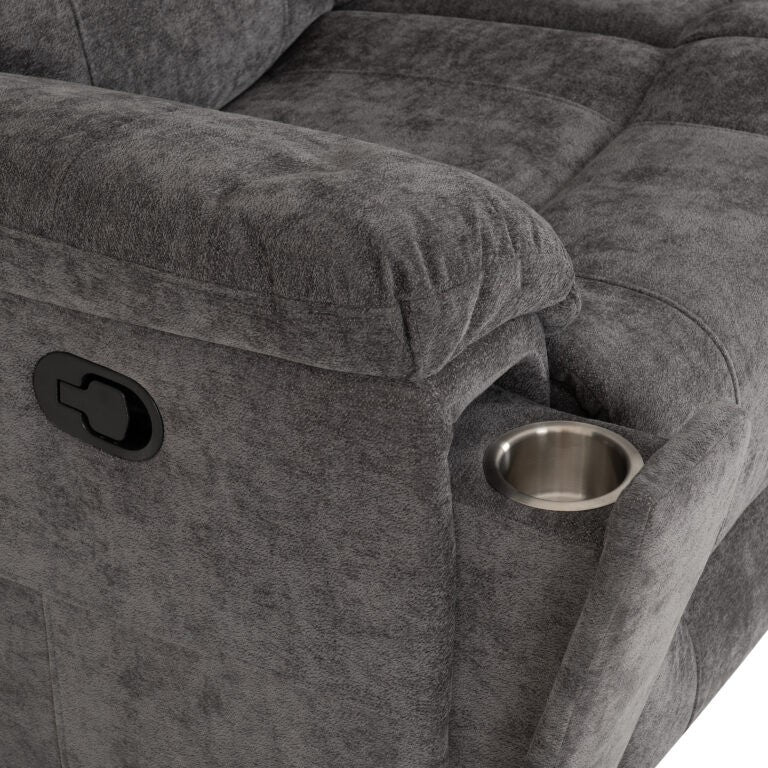 Gray recliner with cup holder and recline button on armrest