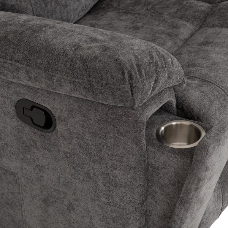 Guildford 3 Seater Recliner Sofa – Grey Fabric. Close up of cup holder
