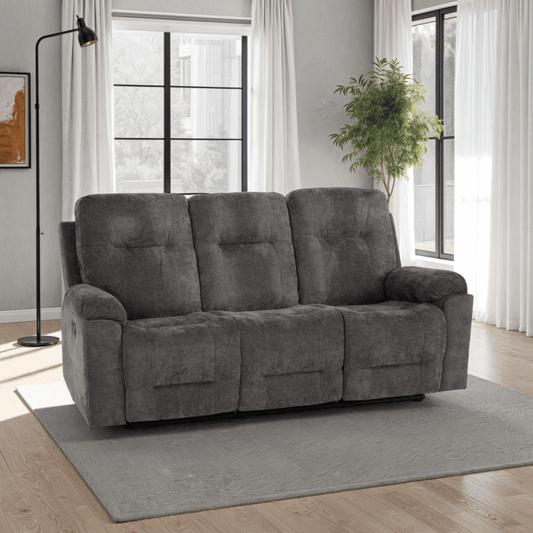 Gray sofa in a living room with large windows and a plant.