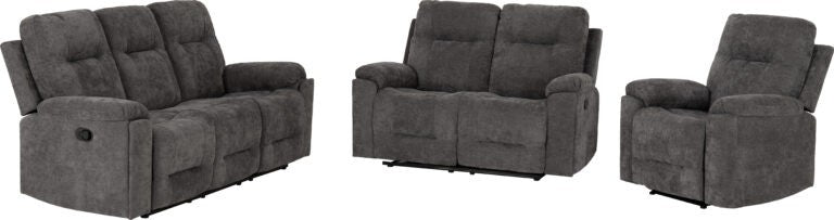 Gray reclining sofa set with two recliners and a loveseat on a white background