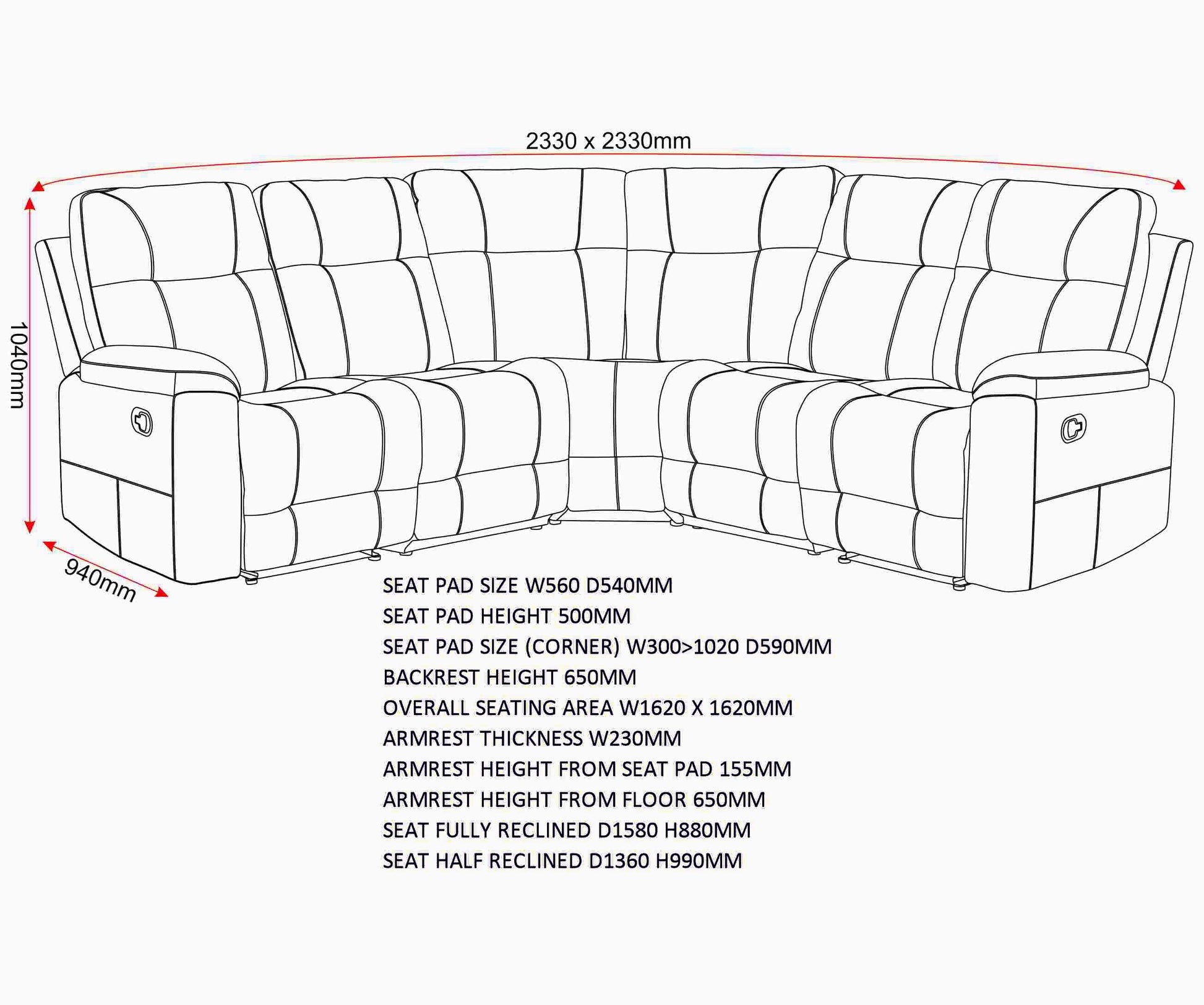 Guildford Corner Sofa – Grey Fabric dimension picture