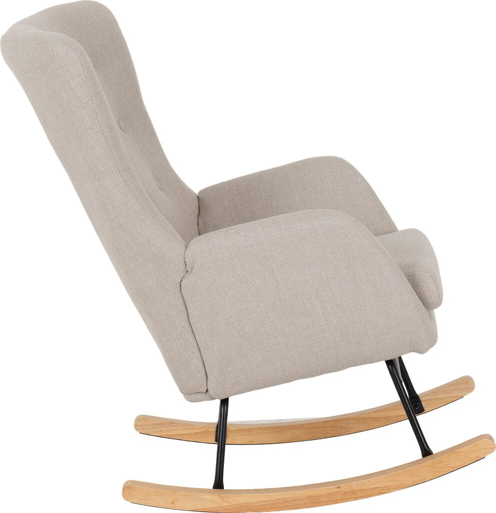 Beige rocking chair with wooden base on a white background
