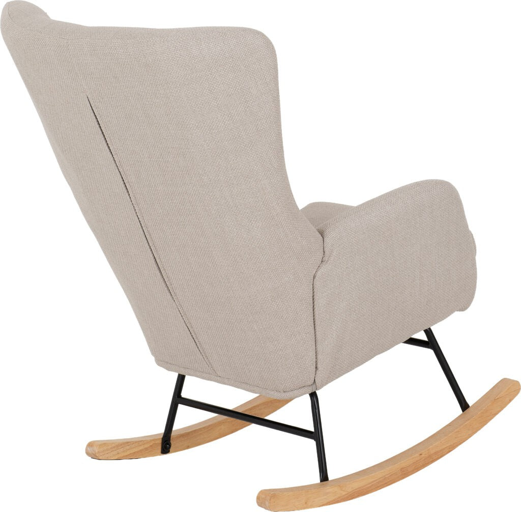 Beige rocking chair with wooden legs on a white background