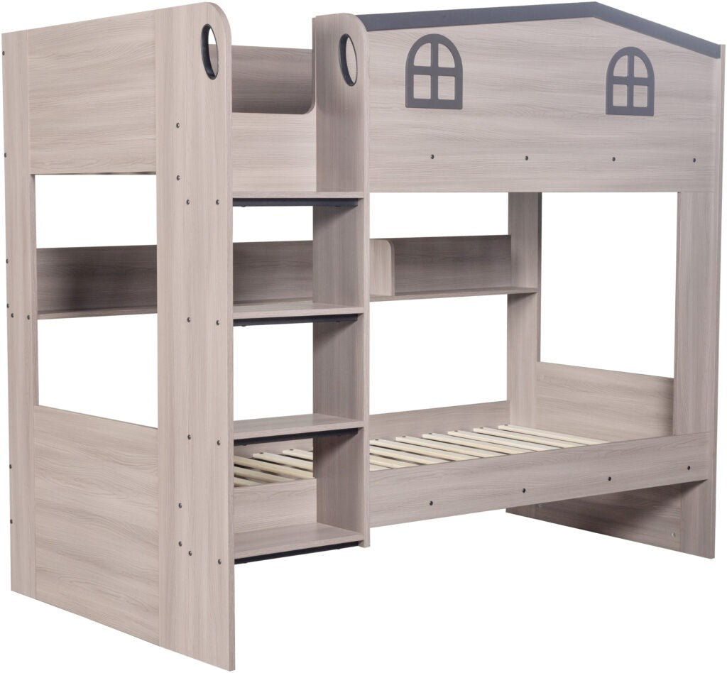 Wooden children's bunk bed with shelves on a white background