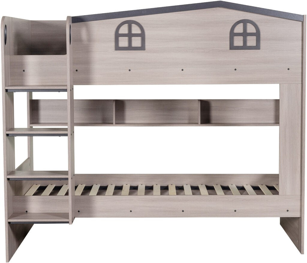 Children's wooden bunk bed with a gray roof and window-like cutouts on a white background