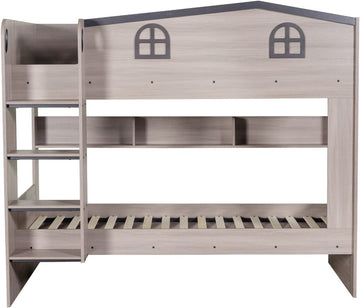 Children's wooden bunk bed with a gray roof and window-like cutouts on a white background