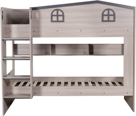 Children's wooden bunk bed with a gray roof and window-like cutouts on a white background