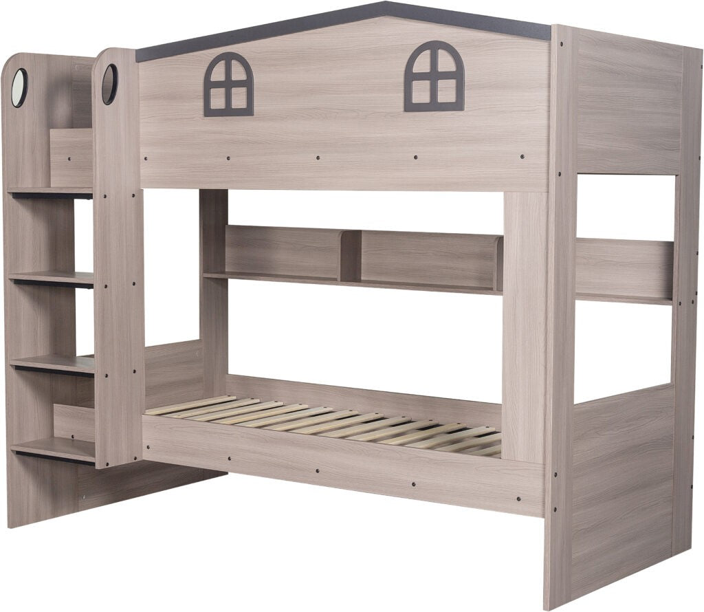 Wooden children's bunk bed with bookshelves on a white background