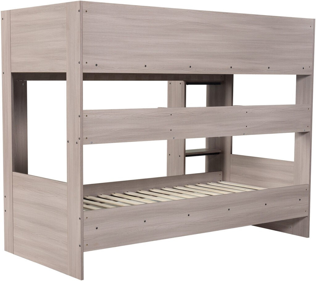 Wooden bunk bed with a light gray finish on a white background