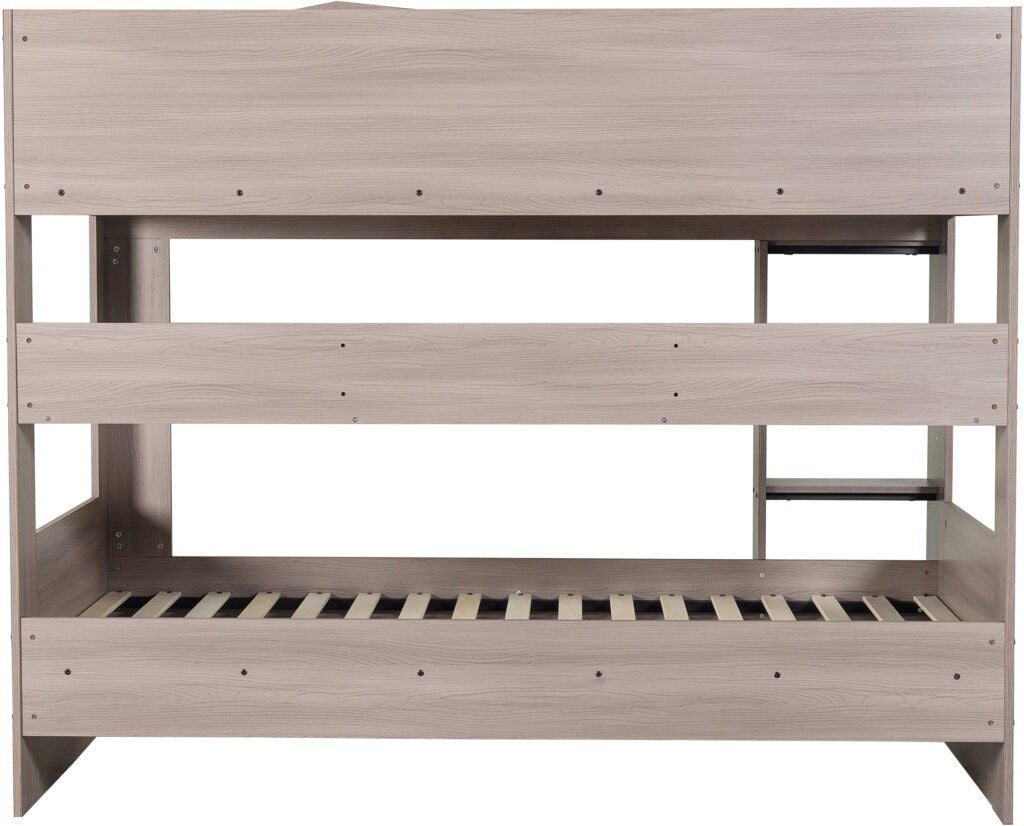 Wooden bunk bed with a light brown finish on a white background