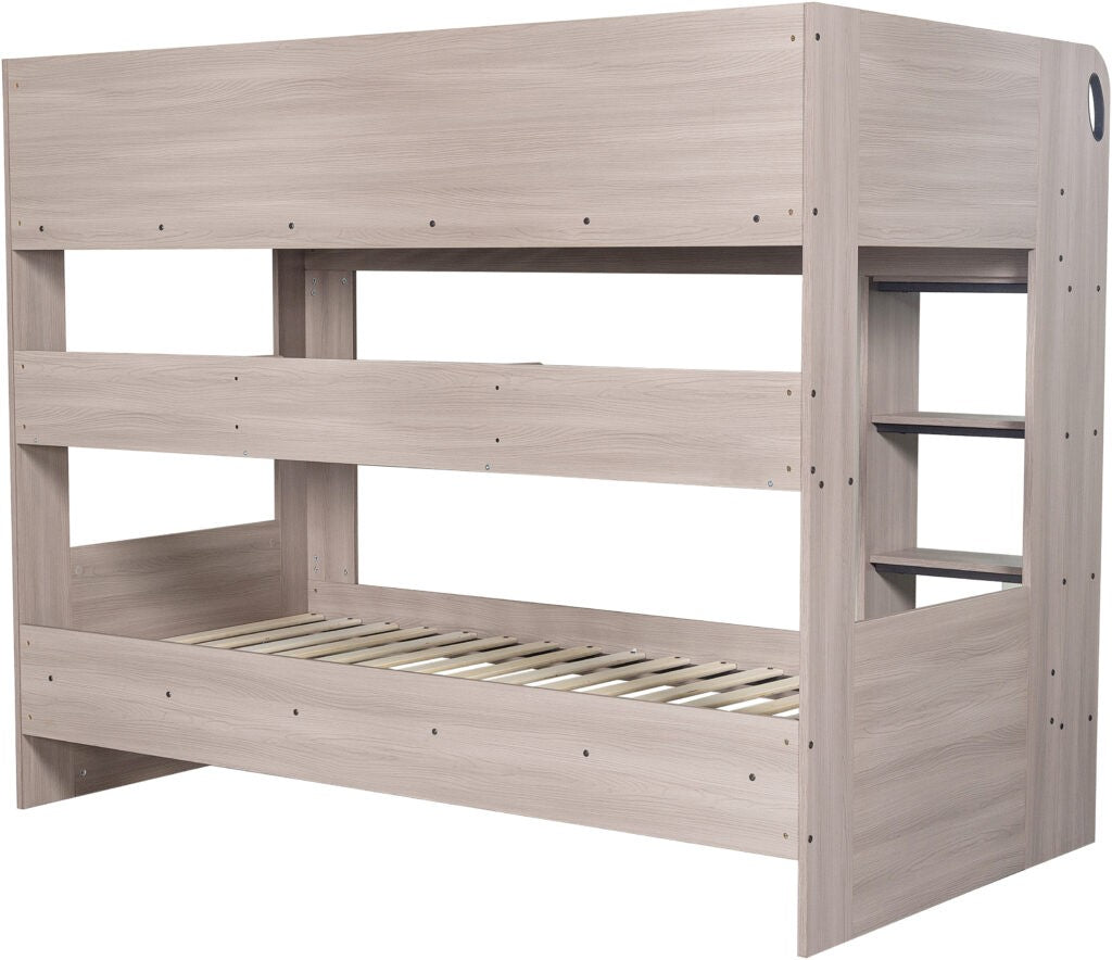 Wooden bunk bed with a light finish on a white background
