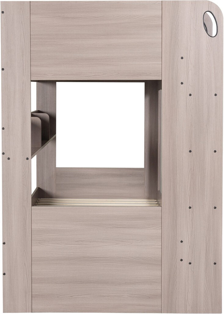 Wooden bunk bed with a ladder and platform bed.