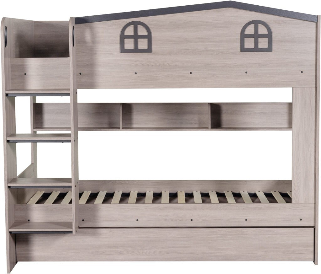 Wooden children's bunk bed with house design on a white background