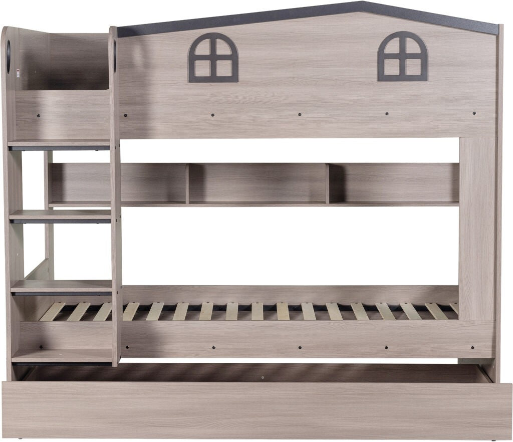 Wooden bunk bed with a horse stable design on a white background
