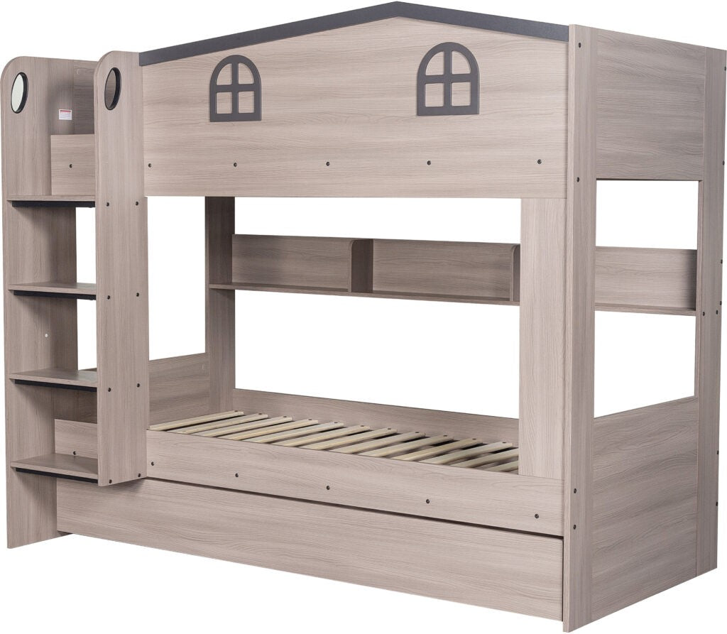 Wooden bunk bed with bookshelves on a white background