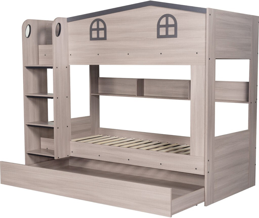 Wooden bunk bed with a house-shaped top bunk on a white background
