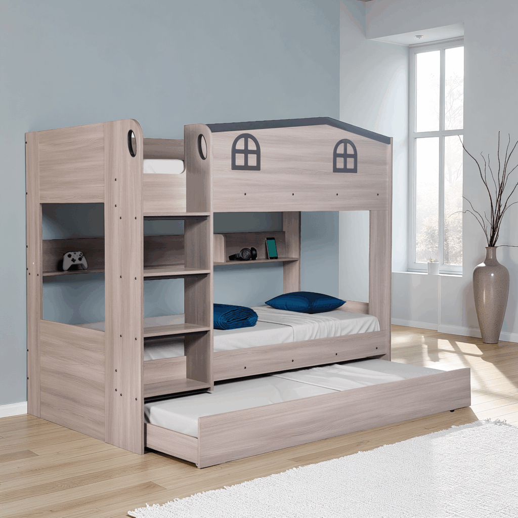 Wooden bunk bed with shelves and a pull-out trundle in a room with a window and vase.