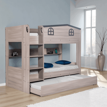 Wooden bunk bed with shelves and a pull-out trundle in a room with a window and vase.