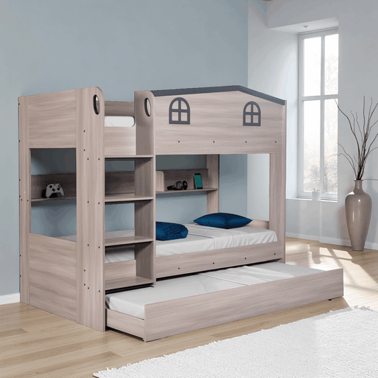 Wooden bunk bed with shelves and a pull-out trundle in a room with a window and vase.