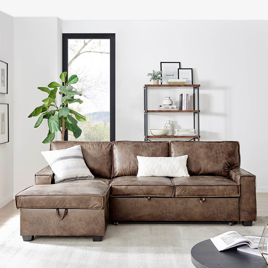 Havar Corner Sofa with Pull Out Sofa Bed & Storage - Brown Leather Aire (LHF/RHF)