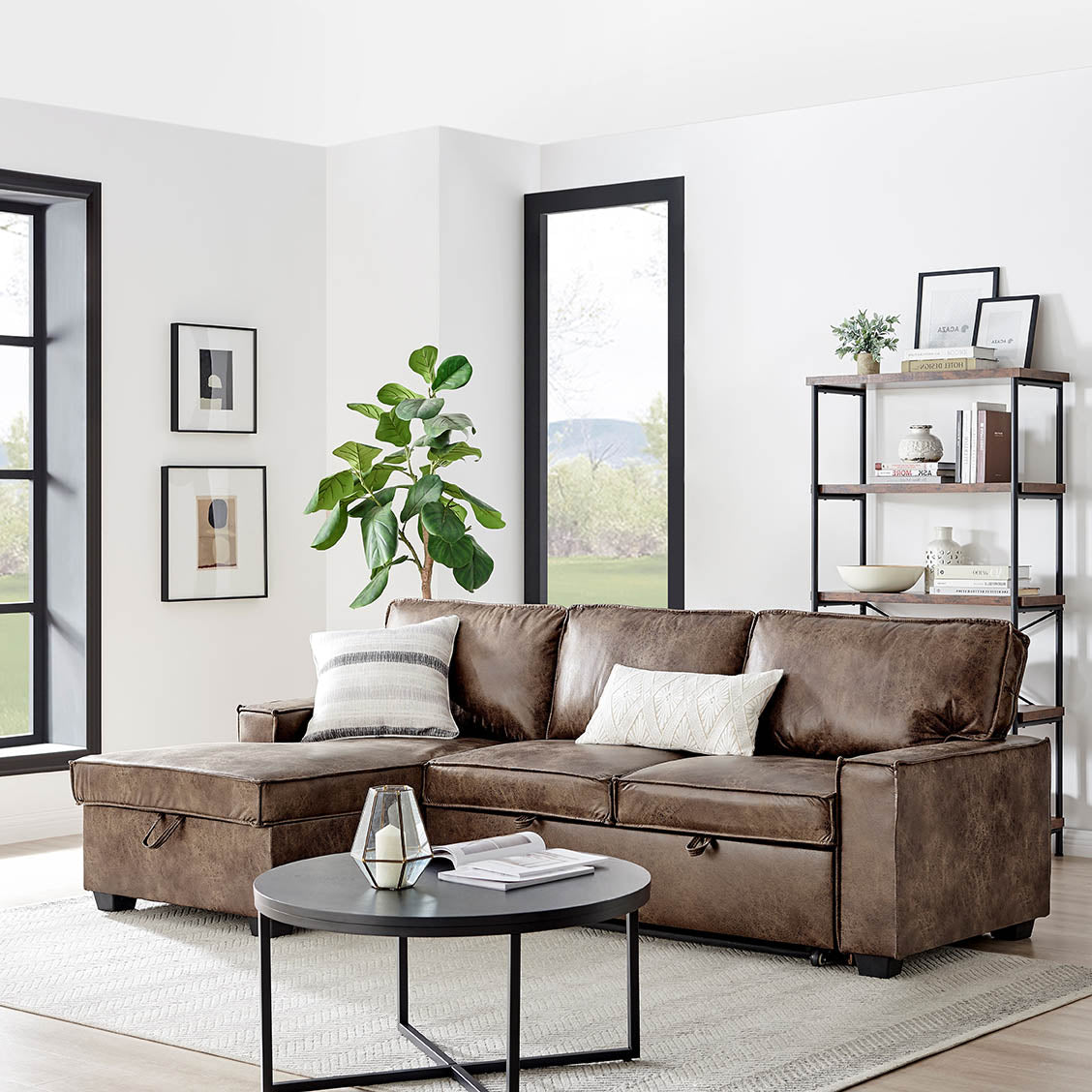 Havar Corner Sofa with Pull Out Sofa Bed & Storage - Brown Leather Aire (LHF/RHF)