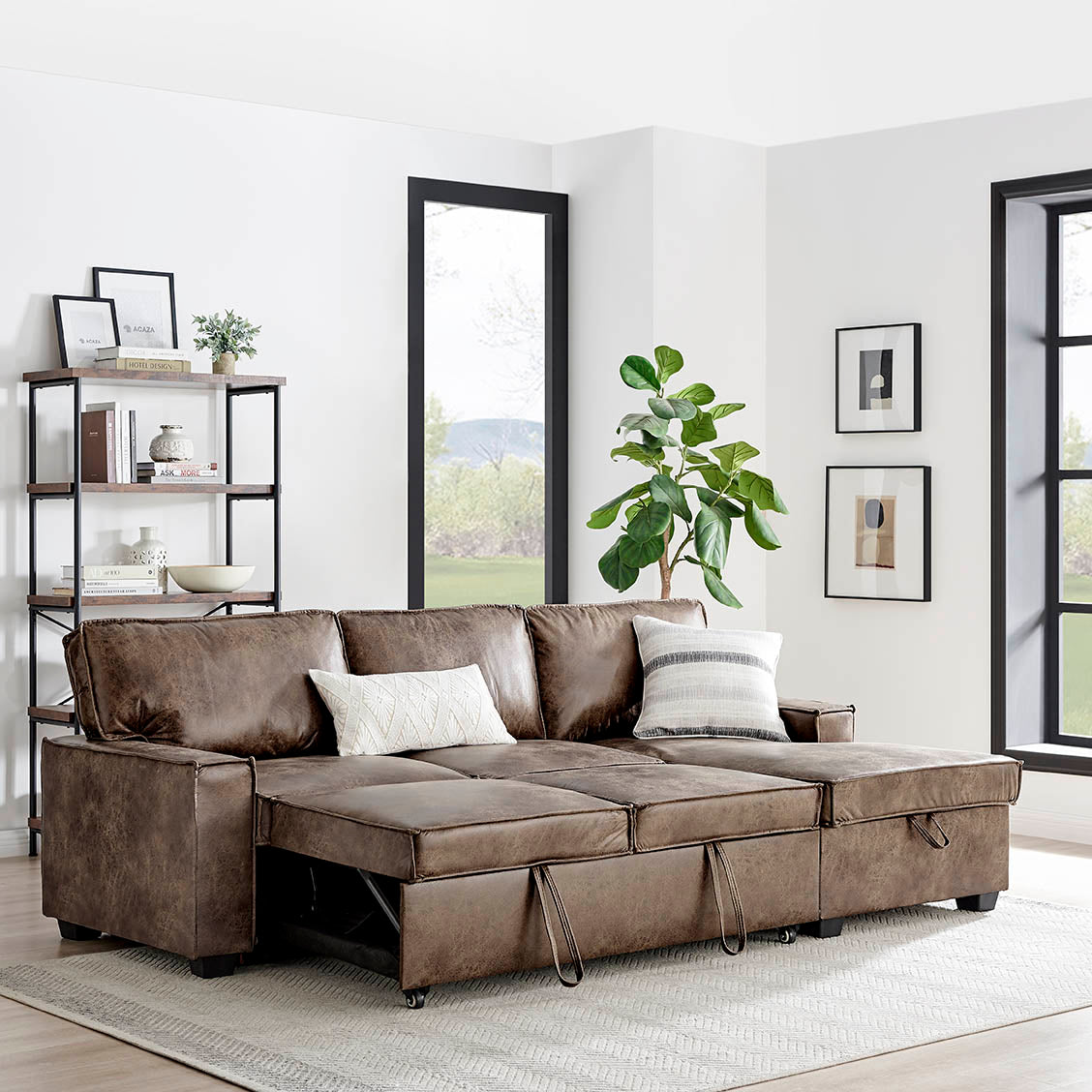 Havar Corner Sofa with Pull Out Sofa Bed & Storage - Brown Leather Aire (LHF/RHF)