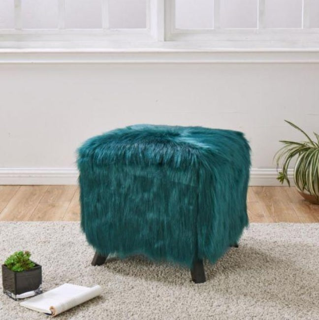 Heavy Shag Faux Sheepskin Cube Stool – Grey, Pink & Teal