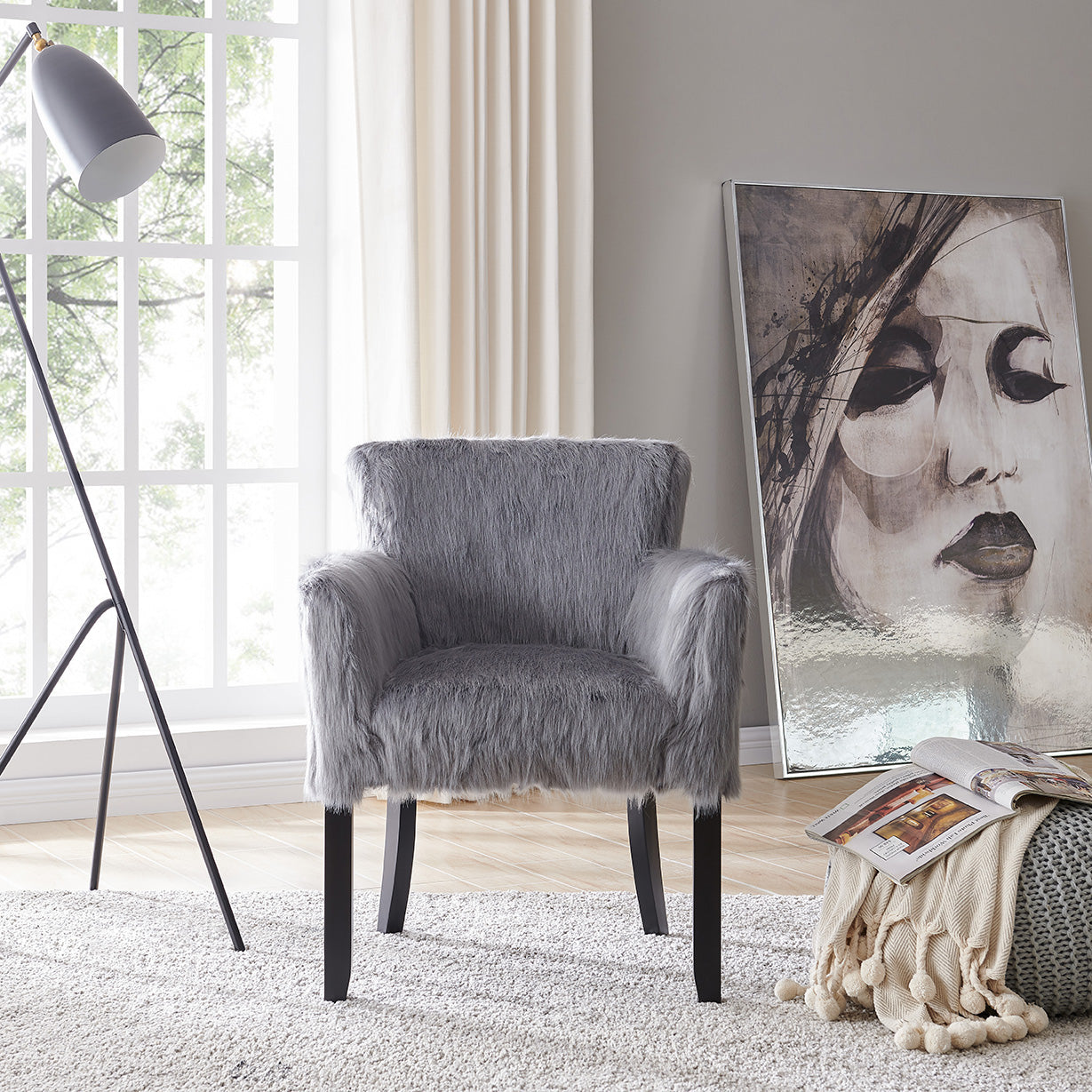Heavy Shag Faux Sheepskin Tub Chair – Grey, Pink & White