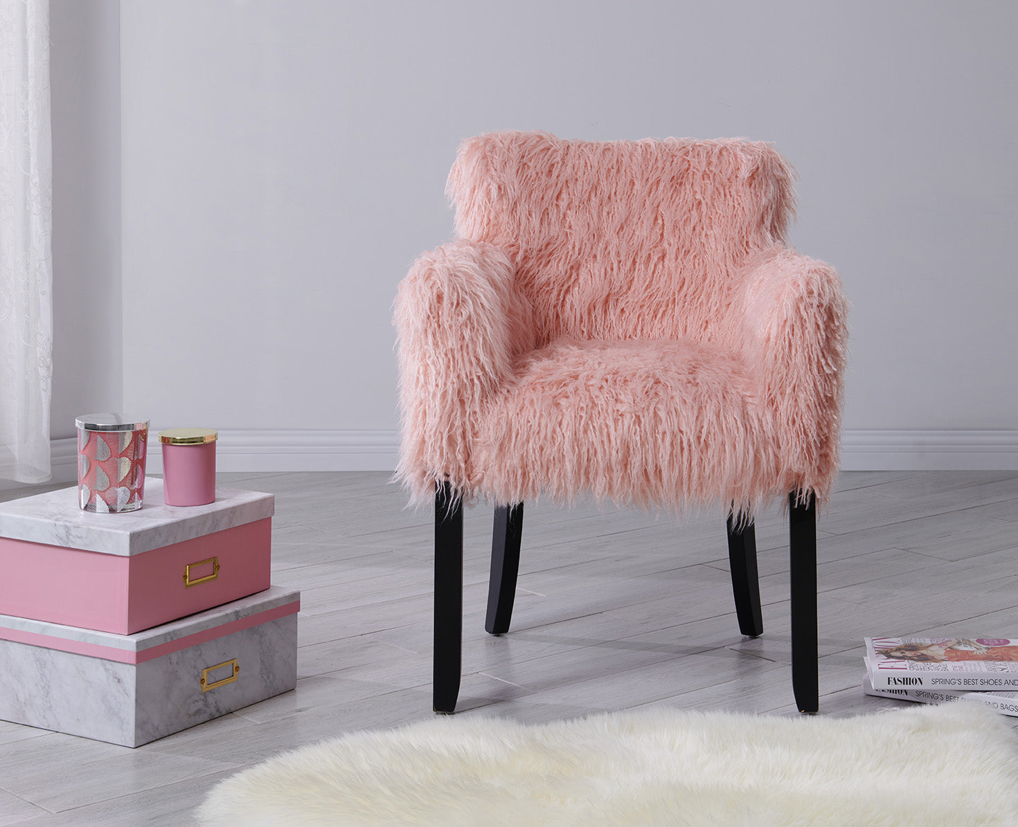Heavy Shag Faux Sheepskin Tub Chair – Grey, Pink & White