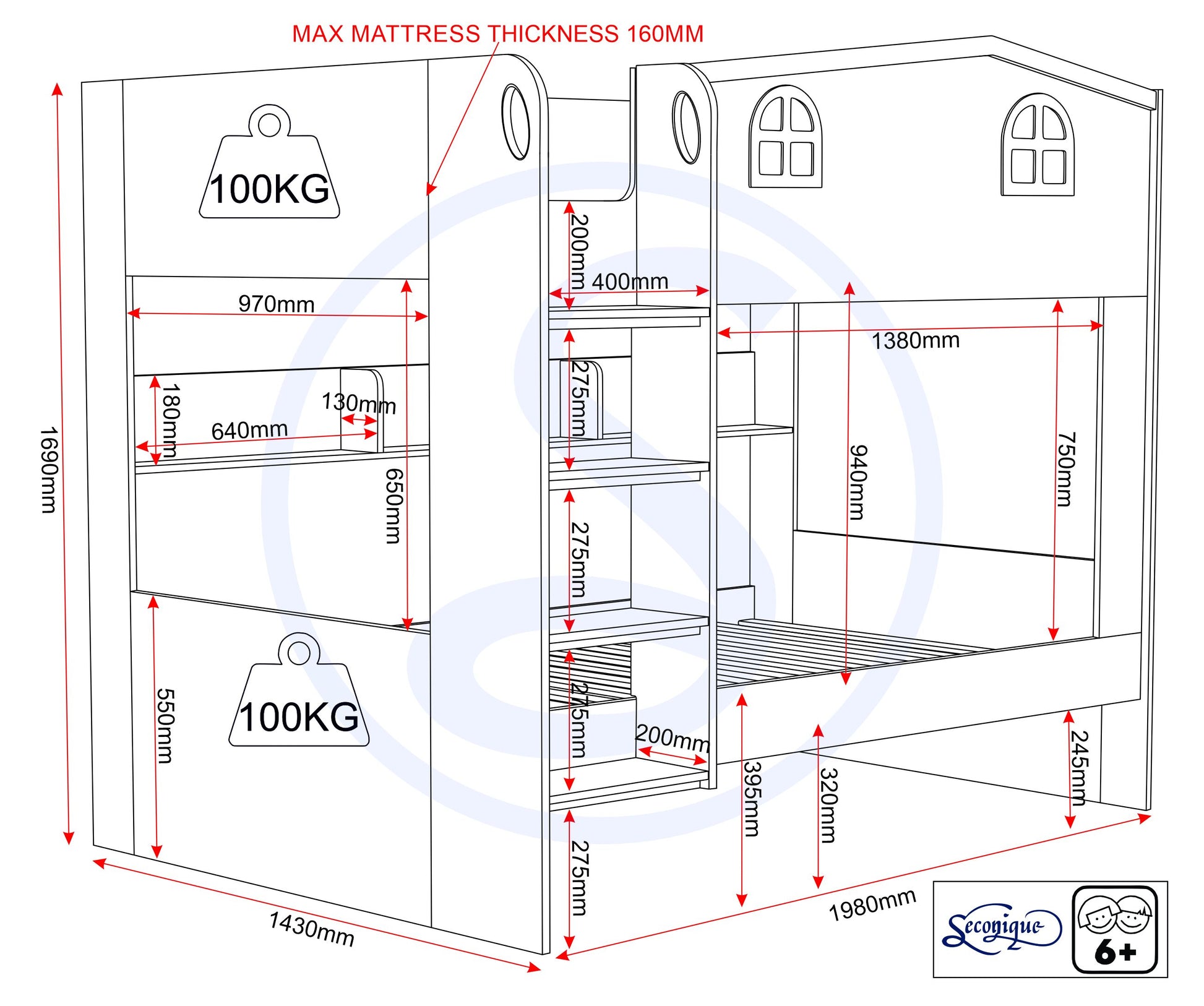 Dimensions of a Hector bunk bed with Seconique branding