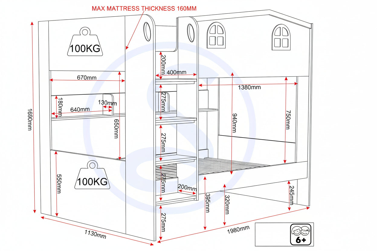 Dimensions and weight capacity diagram of a children's bunk bed with Seconique branding.