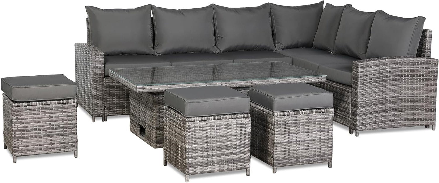Outdoor furniture set with gray cushions on a white background