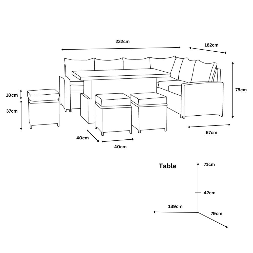 Line drawing of a sectional sofa set with dimensions labeled