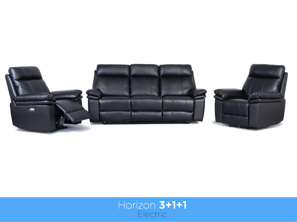 Horizon 3+1+1 Electric Reclining Leather Suite – Black