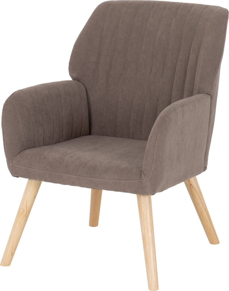 Jordon Brown upholstered armchair with wooden legs on a white background