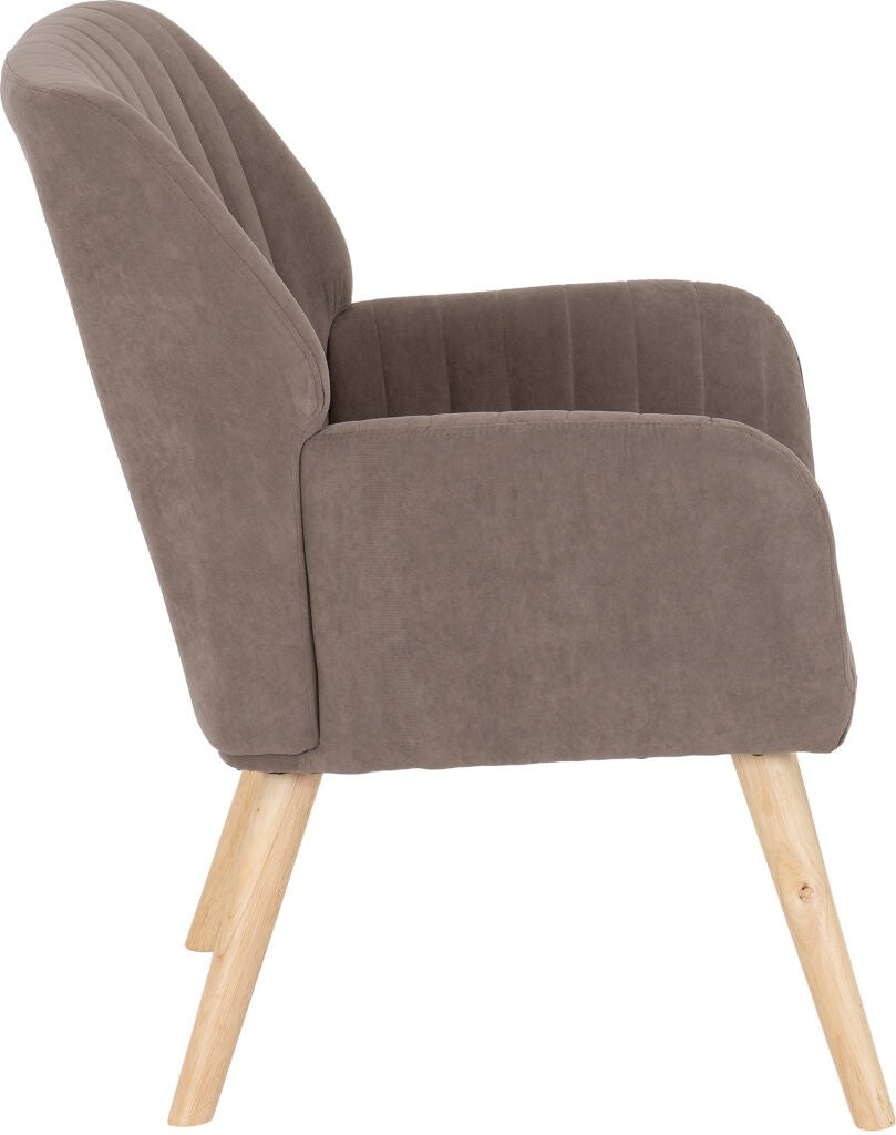 Brown upholstered armchair with wooden legs on a white background