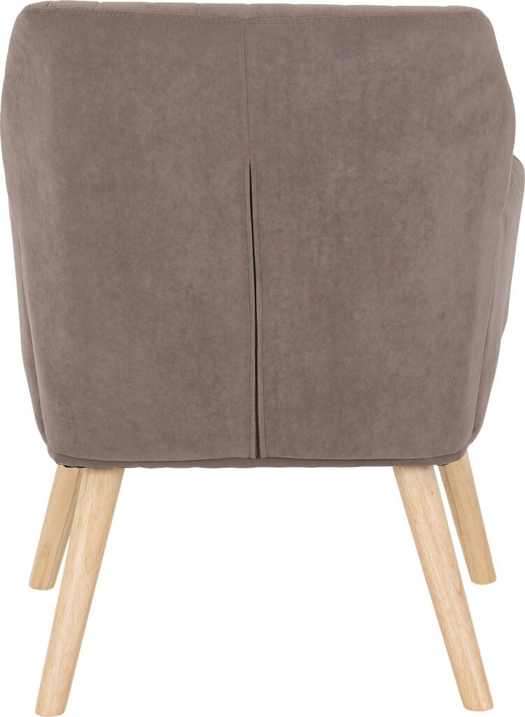 Brown upholstered chair with wooden legs on a white background